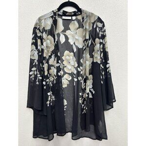 Susan Graver Sheer Floral Chiffon Open Front Kimono Cardigan Jacket XL Black